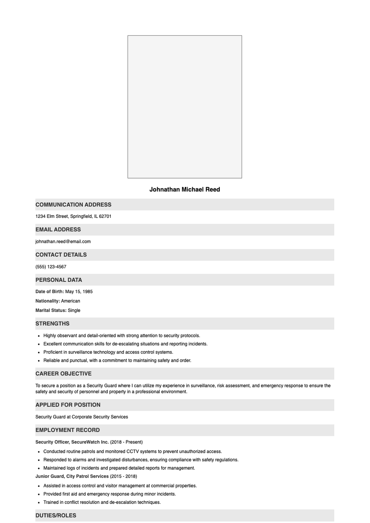 Professional security guard resume with career objective and employment history_variant_2